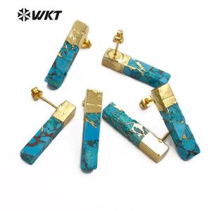 WT-E548 Natural <strong>Blue</strong> Vein Turquoises Ornaments Rectangle Shape Gemstones <strong>Earring</strong> Gold Capped <strong>Stud</strong> <strong>Earring</strong> Jewelry - Product Image 4