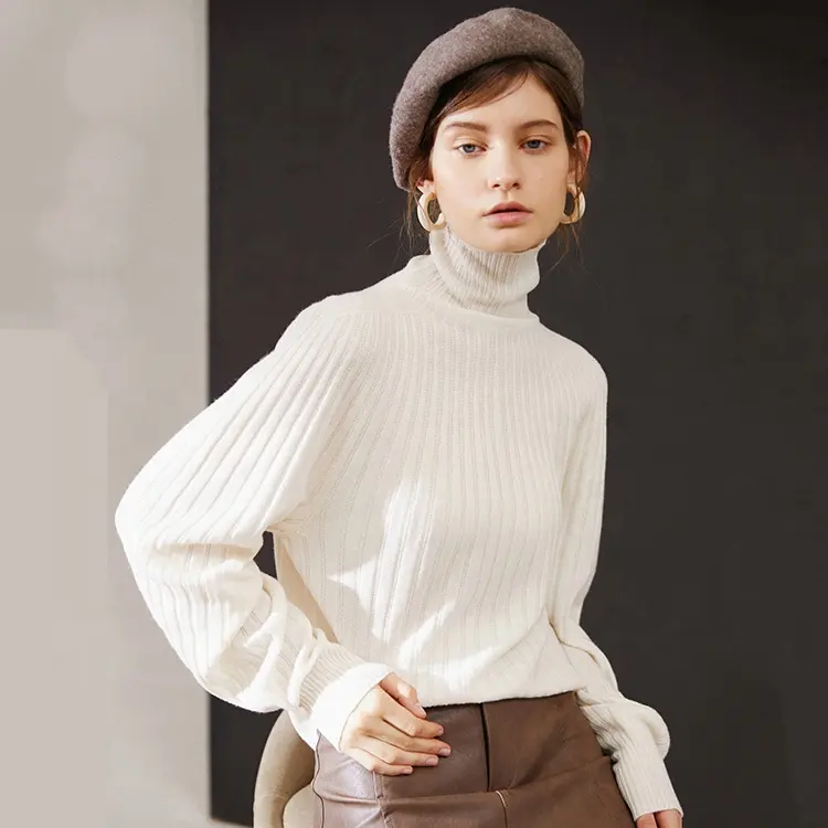 Breathable Wool Blended White Sweater Computer Knit Turtleneck Sweater
