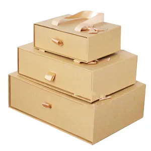 Natural rigid cardboard kraft brown paper box packaging gift box sliding drawer box with handle