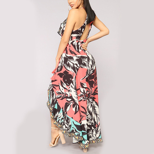 Fábrica diseño 98% poliéster 2% Spandex correa de <span class=keywords><strong>espagueti</strong></span> Floral asimétrico Backless vestido Casual con borla - Product Image 3