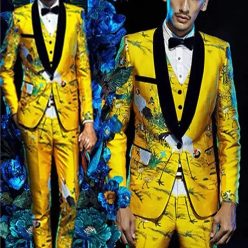 S-4XL Setelan Pria, Blazer Floral Kuning, Kostum Panggung Prom, Bisnis Set Tuksedo Pria (Jaket + Celana + Rompi) Pernikahan Pengantin Pria