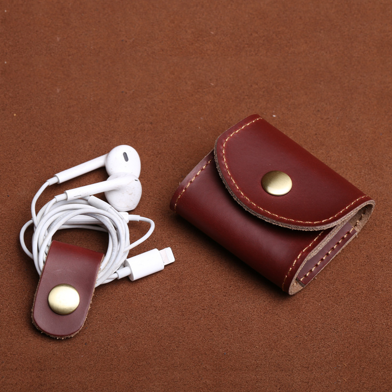 Genuine Leather Coin Purses With Hasp For Earphone Management Holder Data Cable Wrap Keychain Case Bag