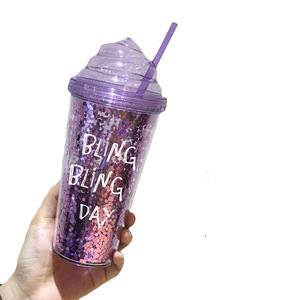 Logotipo personalizado de helado de doble pared reutilizable transparente brillo vaso de plástico taza mágica para beber <span class=keywords><strong>con</strong></span> tapa y pajita - Product Image 1