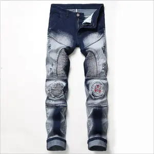 Оптовые продажи джинсы муёчин оригинальный-Новые мужские байкерские джинсы, ностальгические мотоциклетные джинсы, мужские эластичные штаны с дырками и знаком, оригинальные индивидуальные мужские брюки