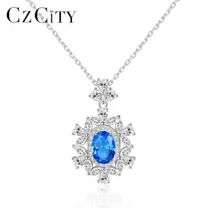 CZCITY Emerald and Sapphire Rhodium Plating Wedding Silver Necklace Jewelry Women Fine Pendants Necklaces