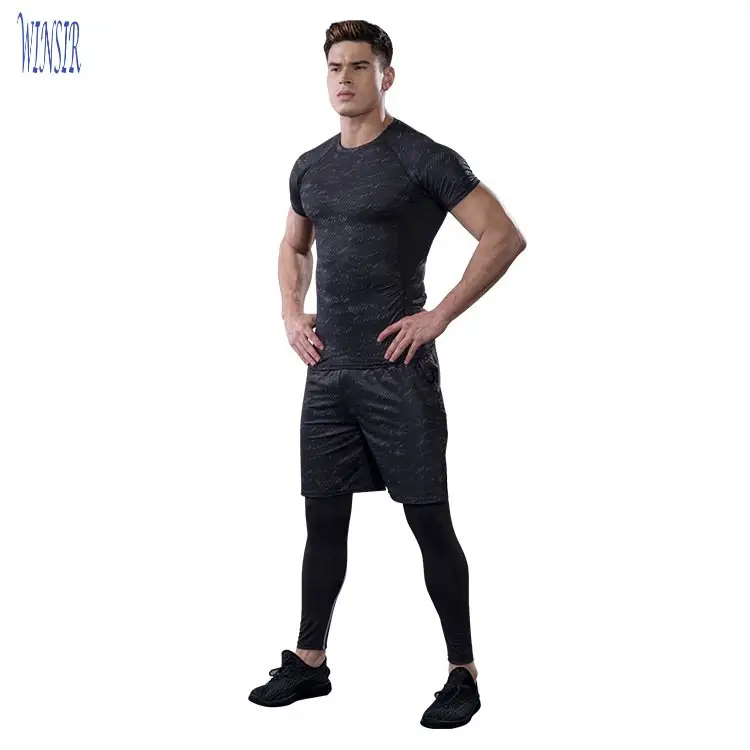 Ropa deportiva para hombre, pantalones deportivos, camisetas de manga larga, pantalones cortos de Fitness holgados para correr, ropa deportiva de 3 piezas, traje de entrenamiento