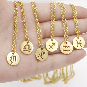 Collana zodiaco <span class=keywords><strong>Oroscopo</strong></span> Astrologia 12 segni in acciaio inox Disco d'oro Collane di fascino per il Regalo Di Compleanno