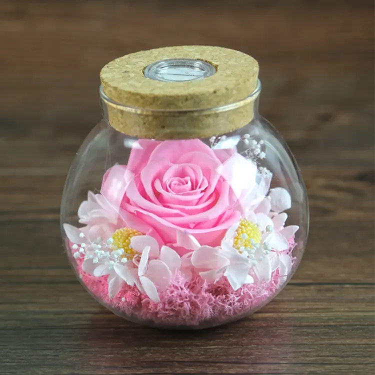 Wholesale Birthday Christmas gifts natural fresh flower preserved rose in wishing bottle with LED light