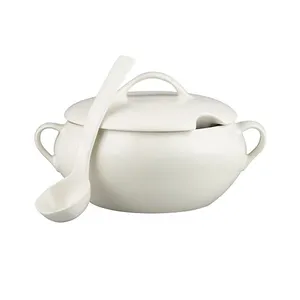 เครื่องครัวเซรามิกสีขาวซุป Tureen ทัพพีสีขาว