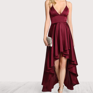 <strong>Ladies</strong> Wine Red Sling <strong>Cord</strong> Deep Back V Wrinkle <strong>Skirt</strong> Sexy Party Reception Evening Dress - Product Image 2