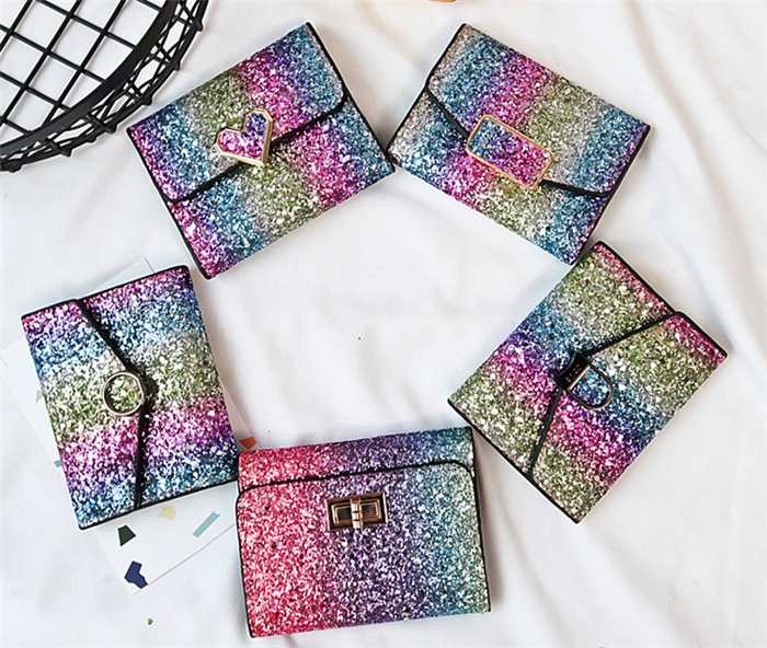 Wholesale korean fashion small short design girls women bling sequins glitter wallets for lady