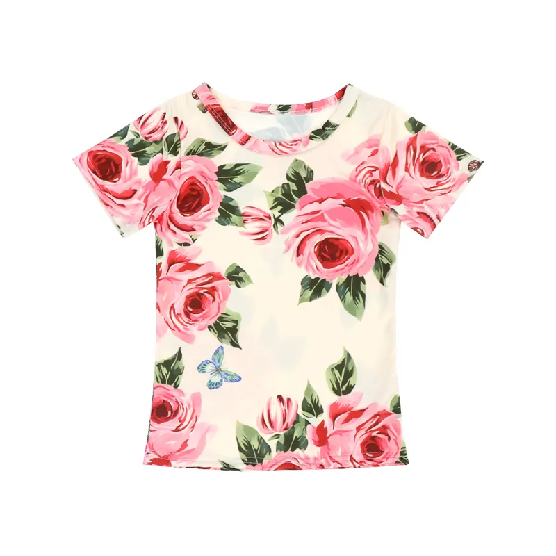 6TQZ-713-D3 Pink floral infant toddler girl tee shirts short sleeve teen baby t shirt kids girl clothing