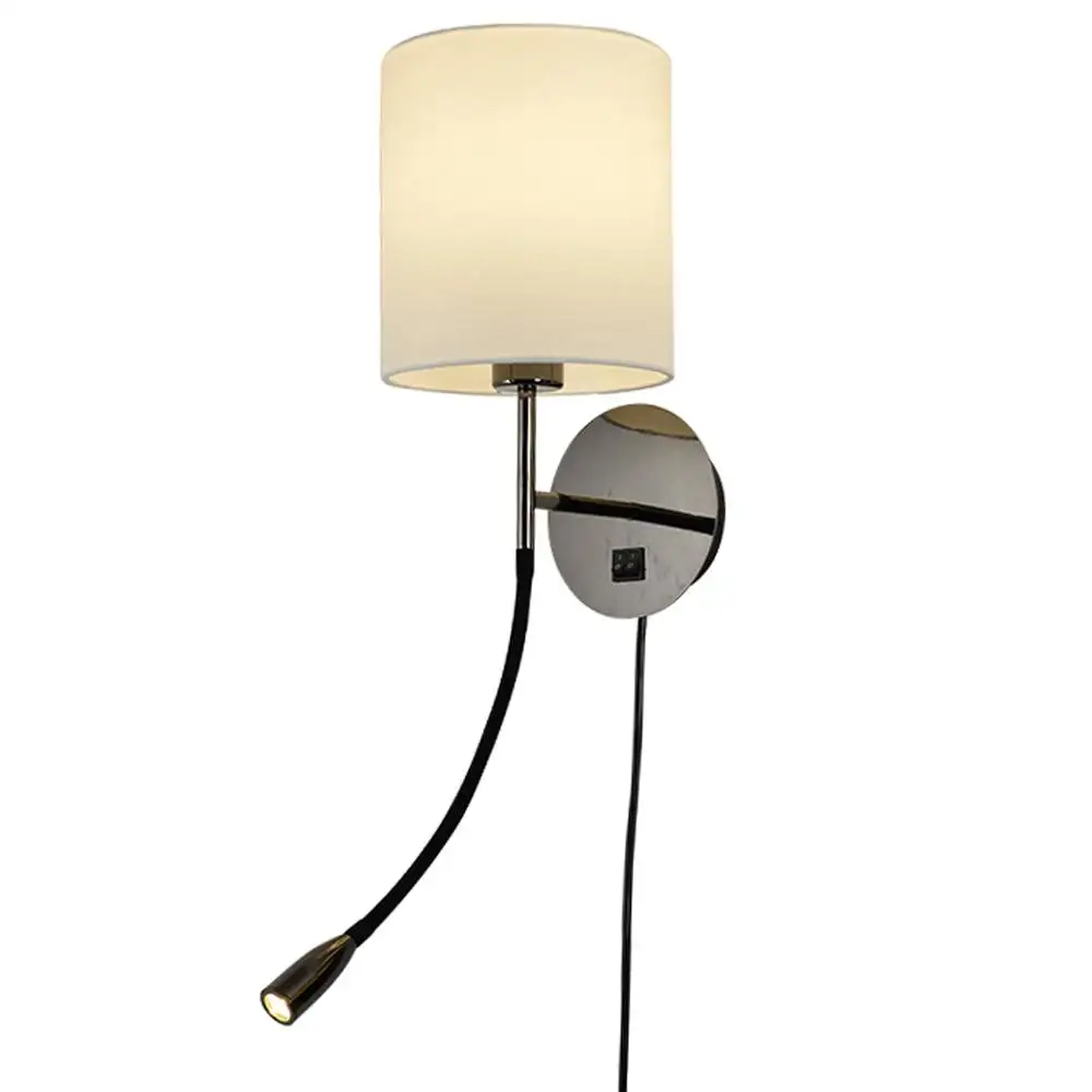 New product satin nickel decorative E27 LED beige round fabric shade bedside modern hotel wall lamps
