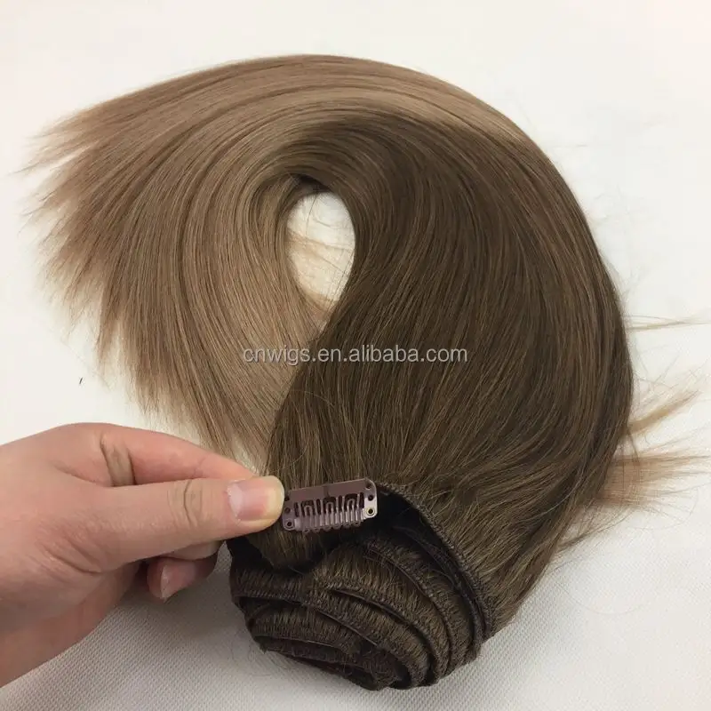 Double Drawn Remy 100% Human Hair Brown 200grams 7pieces, 8pieces/set Clip in Human Hair Extensions Grey Blonde 300g 1 Set