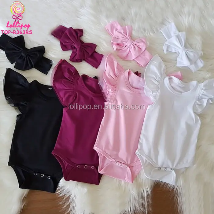 Wholesale Newborn Baby Girls Clothes Black / Wine / Pink / White Short Flutter Sleeve Onesie Romper With Matching Bow Headband