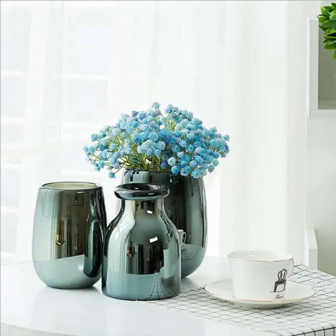 Florero de vidrio para muebles, macetas de cerámica de escritorio y flores geométricas para el hogar, simulación de flores verdes usadas con flores artificiales