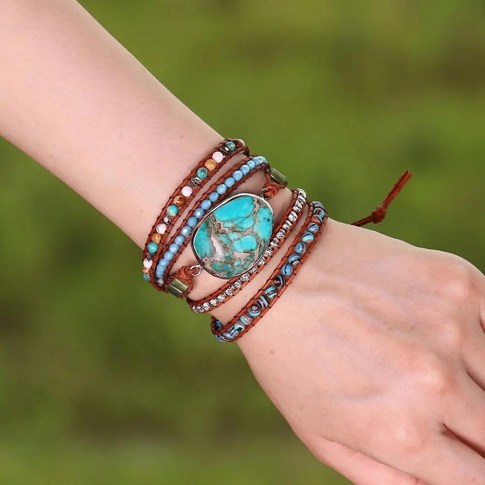 LS-S761 Groothandel mode Turquoise Lederen wrap zee sediment kralen Bloem knop handgemaakte armband hot selling