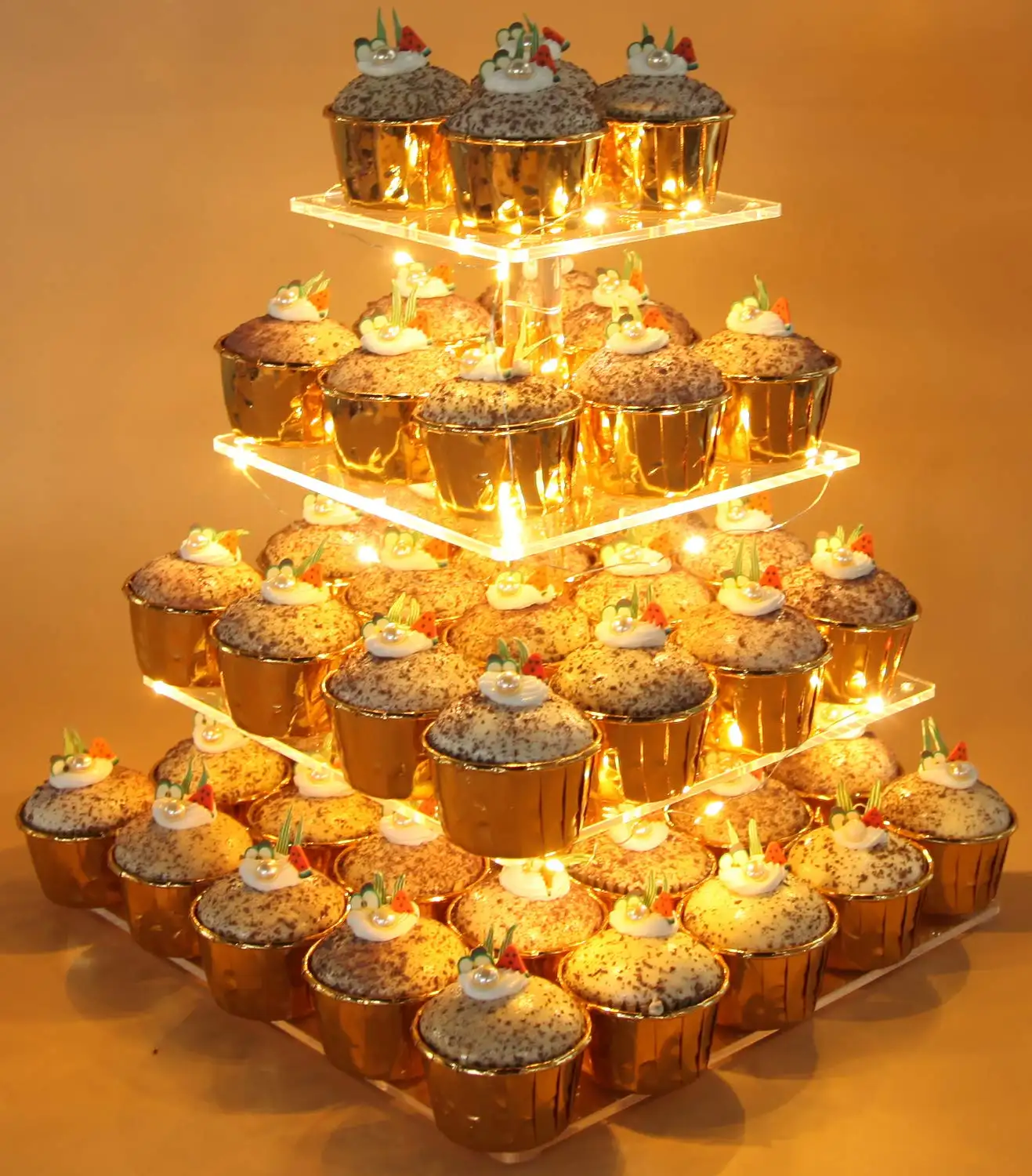 Dudukan Display Cupcake Akrilik <span class=keywords><strong>4</strong></span> Tingkat, Tiang dengan Lampu LED Menara Pohon Hidangan Penutup untuk Pesta Ulang Tahun Pernikahan