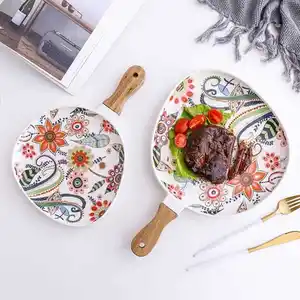 Nordic Christmas Steak Plates Restaurant Oval Dishes Tableware Ceramic Dinner Plates Dish Steak Salad Tray with Wooden Handle