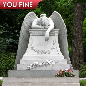 Losa funeraria de mármol blanco tallado a mano, estatua de Lápida con ala de Ángel llorona