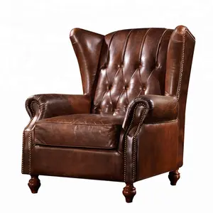 Luxe Amerikaanse Dorp Vintage Lederen Wing Back Stoel Getuft Knoppen Chesterfield Gerold Arm Hoge Terug Sofa Stoel