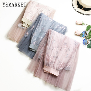 Summer <strong>Pleated</strong> <strong>Skirt</strong> Mesh <strong>Pink</strong> Beige Blue Embroidery Elastic Waist Long <strong>Skirts</strong> Womens Bandage Sexy Party Office Lady Midi <strong>Skirt</strong> - Product Image 5