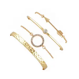 Wholesale Fashion Cuff Women 4 Pcs Bracelets Jewelry Multi Layer Cupid's Arrow Crystal Gold Adjustable Charm Bracelet
