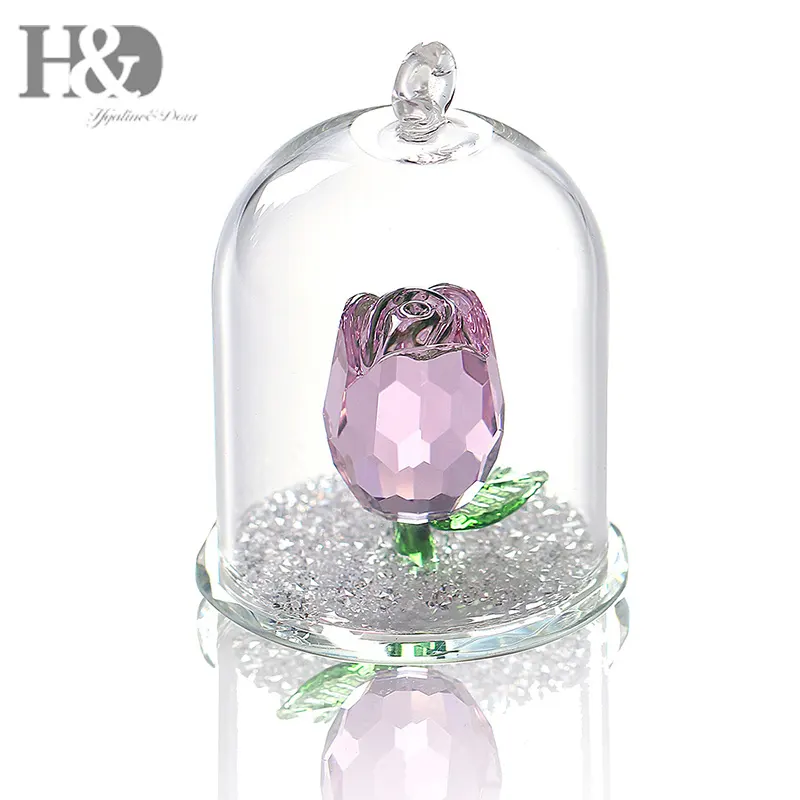 H & D 크리스탈 마법에 걸린 장미 꽃 입상 꿈 장식 유리 돔 선물 그녀의 핑크