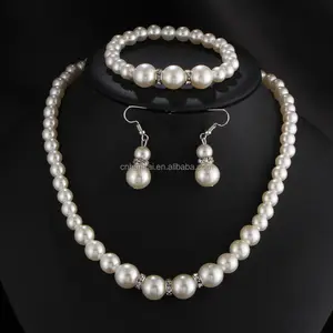 Fashion Classic Imitation Pearl Silver Plated Clear Crystal Top Elegant Party Gift Fashion Costume Pearl Jewelry Sets
