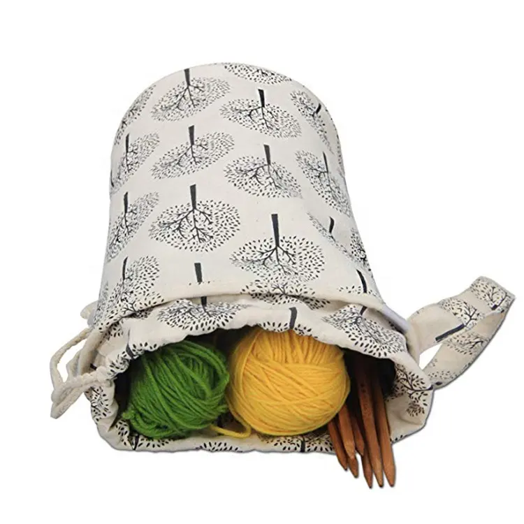 Custom printing portable drawstring round storage knitting yarn bag