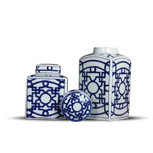 高品质方形蓝色和白色陶瓷大蒜盐饼干罐存储