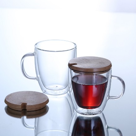 Double wall glass coffee cups Heat-resistant borosilicate tea cups with lids