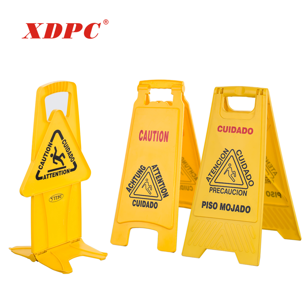 yellow plastic warning caution wet floor sign board stand