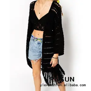 Cardigan Kimono en Crochet fait main, pull noir