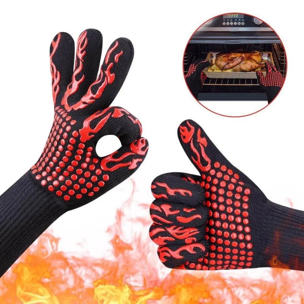 Custom logo Non slip silicone Coated oven barbeque gloves, 932F Extreme heat resistant grill bbq gloves