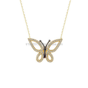 Collier à breloques papillon en or massif 14K, collier de perles de Zircon cubique, bijoux délicats et tendance, vente en gros depuis la turquie - Product Image 1