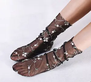 Lolita Ladies Girl's Transparent Lace Mesh Floral Socks Candy Colors Embroidery Flowers Socks