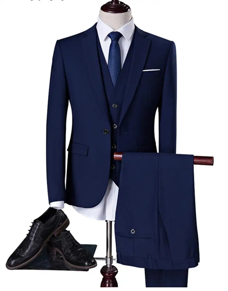 Costume 3 pièces de haute qualité pour hommes, un ou deux boutons, tenue de mariage, de couleur bleu marine, costume d'affaires, en stock, MMSB5,