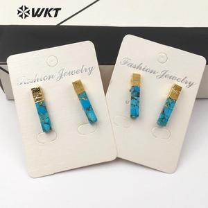 WT-E548 Natural <strong>Blue</strong> Vein Turquoises Ornaments Rectangle Shape Gemstones <strong>Earring</strong> Gold Capped <strong>Stud</strong> <strong>Earring</strong> Jewelry - Product Image 3