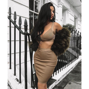 Bodycon Set Rok Midi Balutan Wanita Set 2 Potong Gaun Oranye Berkualitas Tinggi