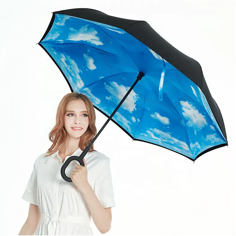 Guarda-chuva reverso dobrável para carro, guarda-chuva dobrável com punho em c automático para uso externo e com camada dupla