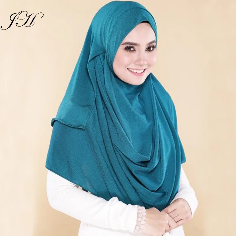 ร้อนขาย Two Face Instant Shawl สีทึบ Double Loop Slip On One Piece Jersey Hijab ทันทีผ้าพันคอ