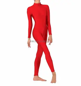 Diskon Besar Leher Tinggi MOQ Rendah Spandex Berkilau Wanita Anak Perempuan Lengan Panjang Wanita Unitard Merah