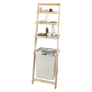 Escada prateleira com 3 prateleiras de armazenamento e 1 cesta removível para lavanderia, fácil aberto