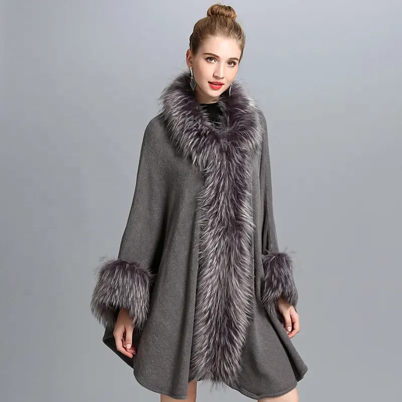 Nieuwe mode vrouwen Classy noble Luxe warme gebreide bont capes poncho stola faux wasbeer bont sjaal