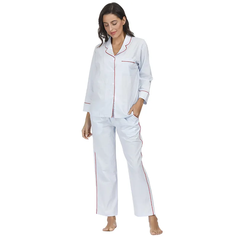 High-quality custom long sleeve 100% cotton woven two pieces women pajamas sleepwear set