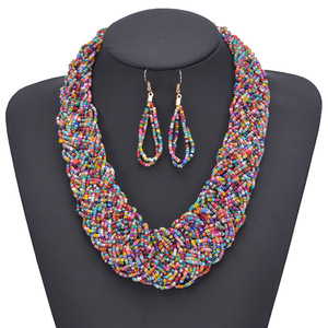 Collar multicapa y pendientes con estilo africano, bohemio, étnico, cuentas de semillas, conjunto de joyería, venta al por mayor - Product Image 1