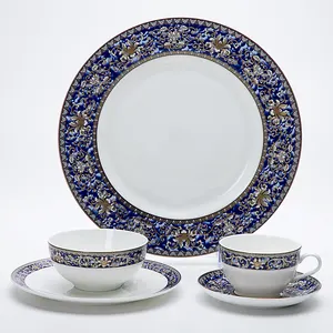 Chine Fournisseur Ensemble de Dîner En Porcelaine Pakistan Usine Bonne Qualité Or et Bleu En Porcelaine Fine Micro-ondes/
