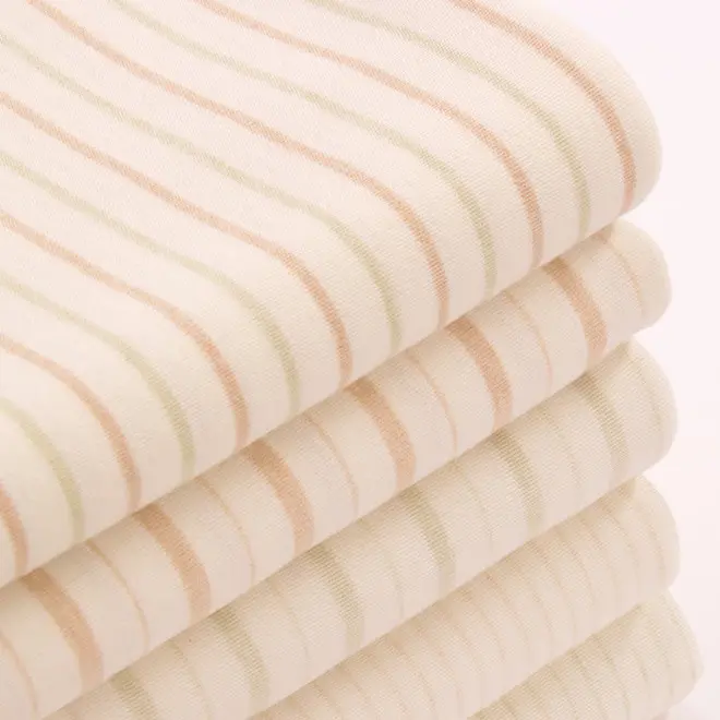 Tela de interbloqueo de algodón de color orgánico Natural, hilo teñido, tejido de rayas de punto para ropa de bebé, venta al por mayor de fábrica de China