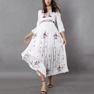 夏季波西米亚风格长袖系带印花碎花长裙长裙